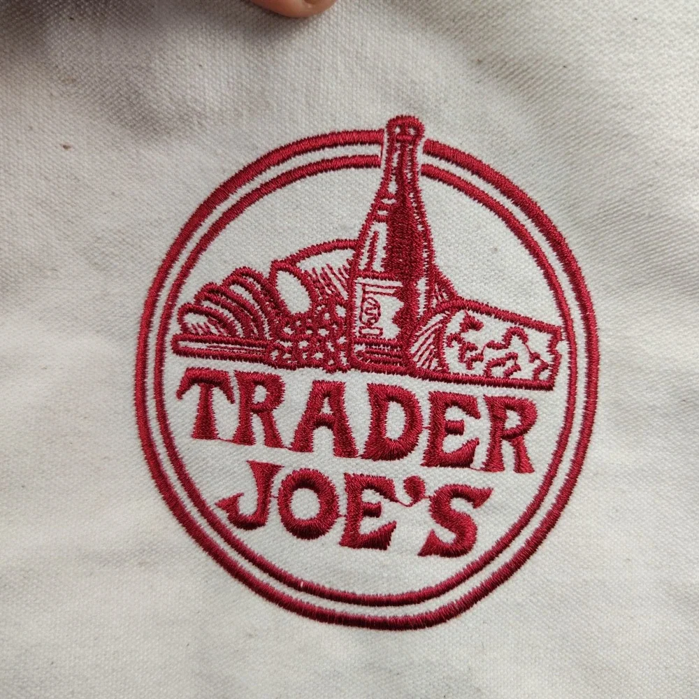 Trader Joe's Canvas Tote Bag Navy Blue Cream Embroidered Logo Reusable Grocery
